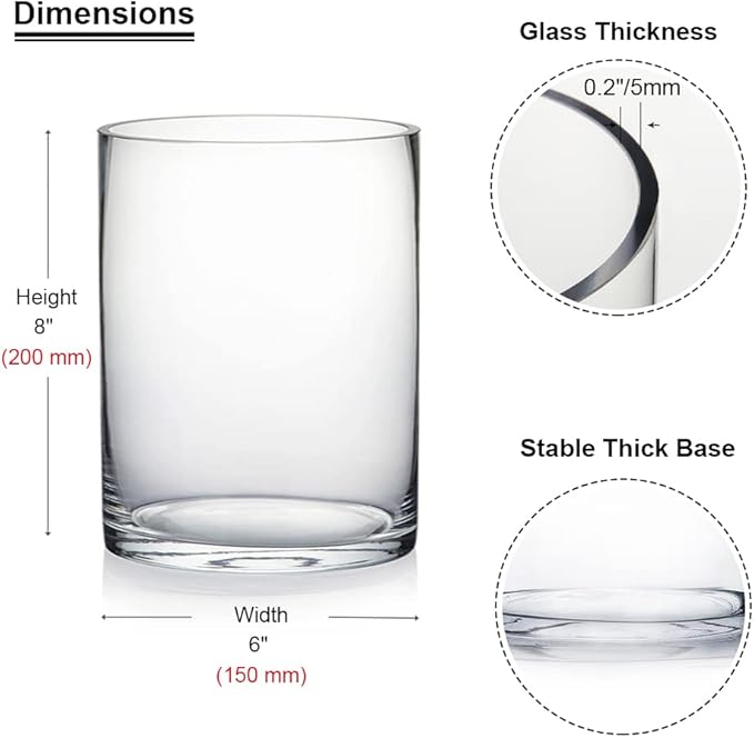 Enova Floral Clear Glass Cylinder Vase 6 x 8 Inches, Clear Flower Vases, Pillar Candle Hurricane Floating Candle Holder Vase, Glass Flower Vase for Wedding Centerpieces, Home Office décor (1 Piece)