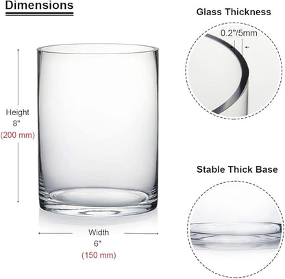 Enova Floral Clear Glass Cylinder Vase 6 x 8 Inches, Clear Flower Vases, Pillar Candle Hurricane Floating Candle Holder Vase, Glass Flower Vase for Wedding Centerpieces, Home Office décor (1 Piece)