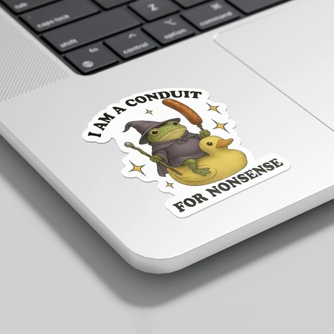 HANDICHI Design 5-Pack 6 Inch Funny Frog Stickers – “I Am a Conduit for Nonsense” Wizard Frog Vinyl Decals – Quirky Meme Sticker Pack for Laptops, Water Bottles, Journals and Scrapbooks