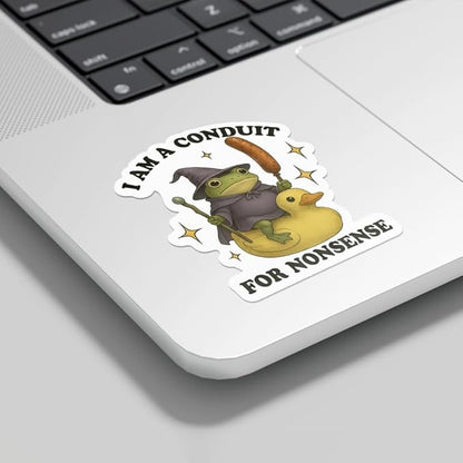HANDICHI Design 5-Pack 5 Inch Funny Frog Stickers – “I Am a Conduit for Nonsense” Wizard Frog Vinyl Decals – Quirky Meme Sticker Pack for Laptops, Water Bottles, Journals and Scrapbooks