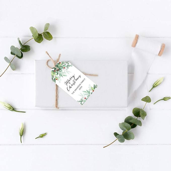 Andaz Press Personalized Christmas Holiday Season Classic Gift Tags, Merry Christmas Custom Family Name and Year, Watercolor Holly Leaves Design, for Holiday Events, Parties, and Favors, 60-Pack