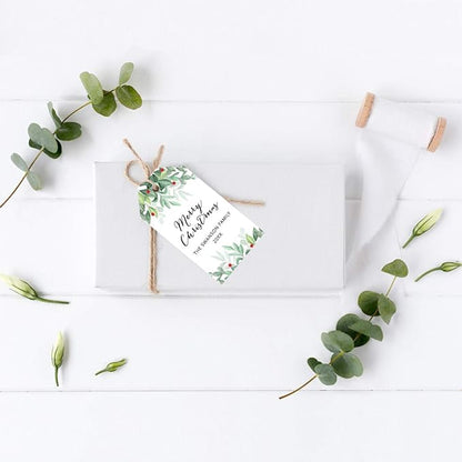 Andaz Press Personalized Christmas Holiday Season Classic Gift Tags, Merry Christmas Custom Family Name and Year, Watercolor Holly Leaves Design, for Holiday Events, Parties, and Favors, 60-Pack