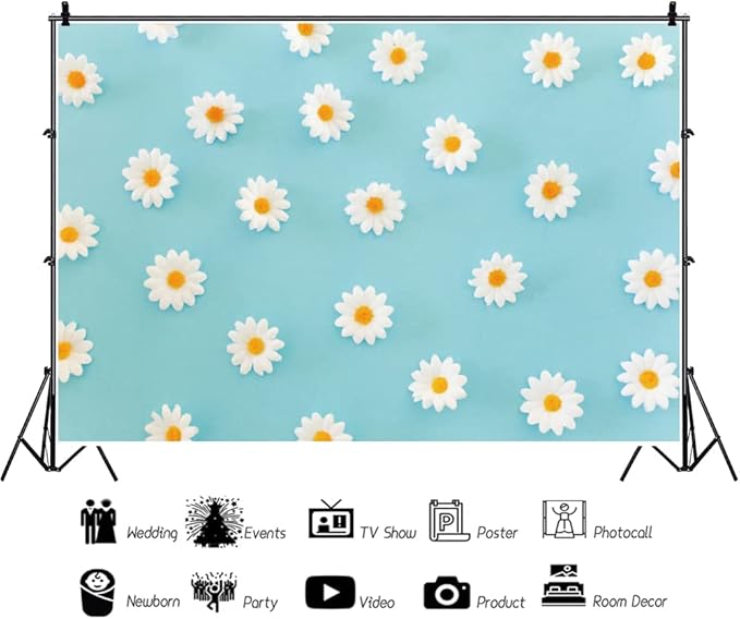 Daisy Flower Backdrop for Photography White Floral Blue Photo Background Baby Shower Birthday Party Decorations Cake Table Banner Girls Children Portrait Photoshoot Studio Props 10x8ft Vinyl