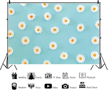 Daisy Flower Backdrop for Photography White Floral Blue Photo Background Baby Shower Birthday Party Decorations Cake Table Banner Girls Children Portrait Photoshoot Studio Props 12x8ft Vinyl