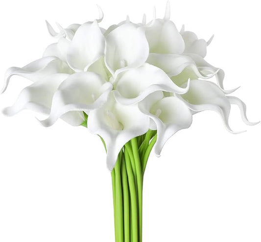 DuHouse 20Pcs Artificial Calla Lily Flower Real Touch Latex Flowers for DIY Wedding Bouquet Party Home Decor (Pure White)