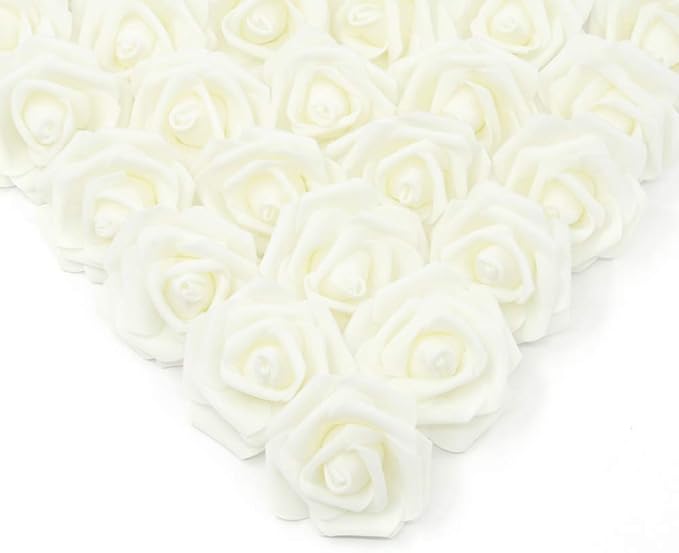 IPOPU Artificial Rose Flower Heads, 100 Pcs Real Looking Ivory White Foam Fake Roses for DIY Wedding Baby Shower Centerpieces Arrangements Party Tables Home Decorations (Ivory, Stemless)
