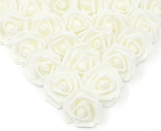 IPOPU Artificial Rose Flower Heads, 100 Pcs Real Looking Ivory White Foam Fake Roses for DIY Wedding Baby Shower Centerpieces Arrangements Party Tables Home Decorations (Ivory, Stemless)