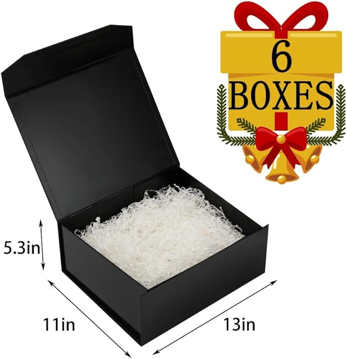 6 Pcs Black Gift Box Large 13x11x5.3 Inch Black Large Gift Box with Crinkle Paper Magnetic Box with Shredded Paper Luxury Gift Boxes with Lids for Presents