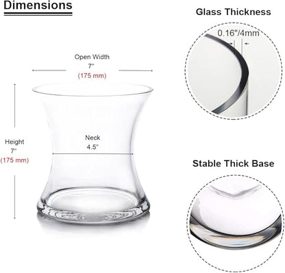 Enova Floral Unique Bouquet Vase, 7" W 7" H, Clear Short Hurricane Concave Flowers Glass Vase for Home Wedding Event Decor (1 Piece)