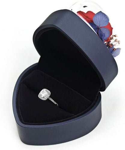 Preserved Flower Rose Ring Box, Heart Shape Velvet Jewelry Box for Valentine's Day Mother's Day Wedding Anniversary Birthday Gift, Dark Blue