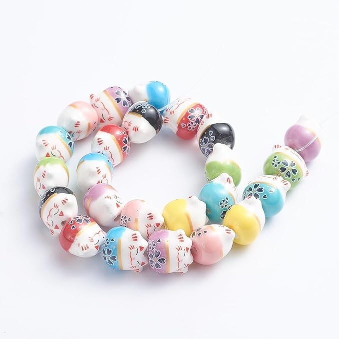 Beadthoven 25pcs Lucky Cat Handmade Porcelain Beads Colorful Floral Printed Ceramic Beads Cute Animal Porcelain Loose Spacers Mixed Colors for Bracelets Necklace DIY Jewelry Making 14x11.5mm Hole: 2mm