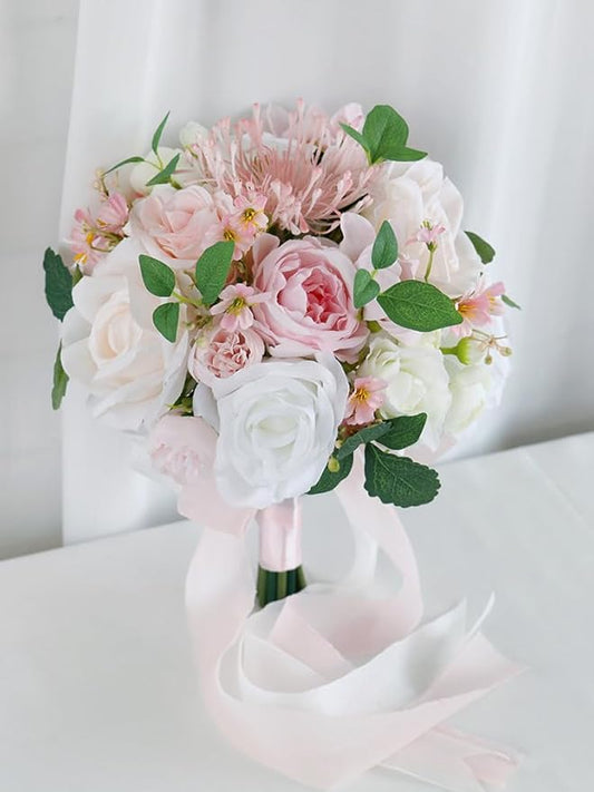 S_SSOY Wedding Bouquet Bride,Bride Bridal Bouquet Bridesmaid Artificial Flowers for Ceremony Anniversary Party Bridal Shower Decoration Wedding Bouquets (Pink White)