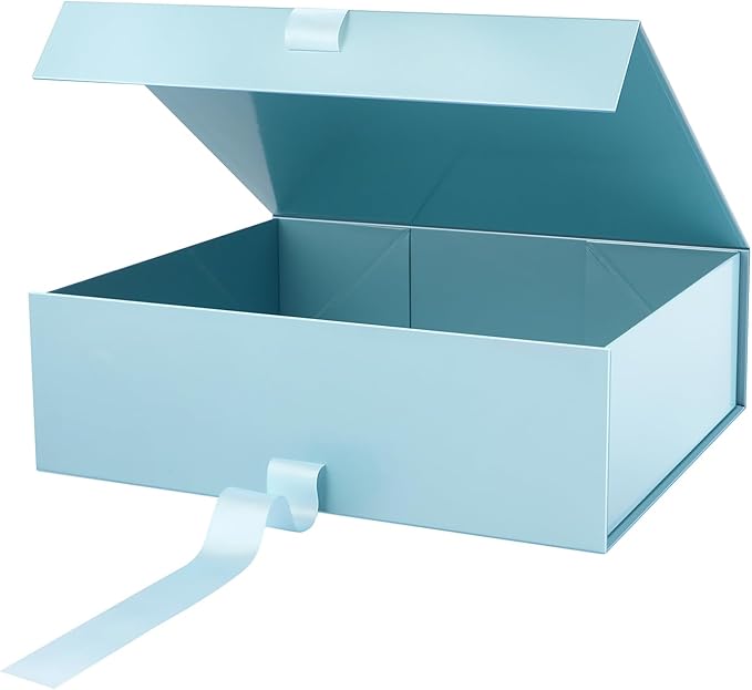 GREEN BEAN 3 Extra Large Gift Box with Lid for Present 16.3x14.2x5 Inches, Baby Blue Magnetic Gift Box with Ribbon for Clothes and Large Gifts (Glossy Baby Blue)