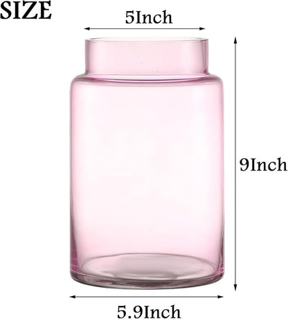 Large Glass Vase, 9 Inch Flower Vase, Glass Flower Vase for Bouquet, Wide Mouth Vase for Flowers, Pink Tall Vases, Large Vases for Home, Wedding, Living Room, Office Decor
