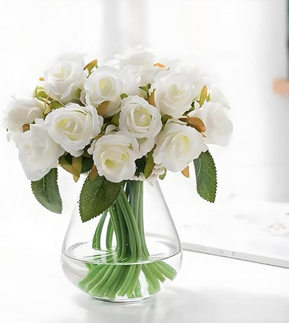 Jasion Artificial Roses Flowers Silk 12pcs DIY Bouquet for Home Office Parties Table Centerpieces Bridal Wedding Decoration Without Vase (Spring White)