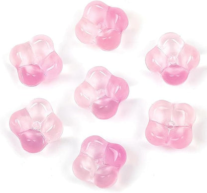 100PCS Glass Flower Beads for Jewelry Making 4 Petal Flower Bead Caps Gradient Cute Floral Beads Aesthetic Charms for Necklace Bracelets Earrings DIY Craft Home Decoration-Pink