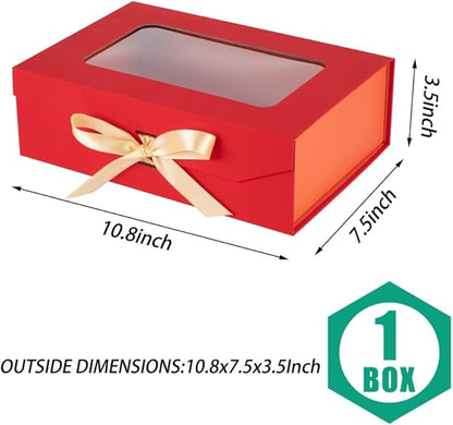 Red Gift Box for Presents with Ribbon 10.8x7.5x3.5 Inches Clear Gift Box with Window Magnetic Closure Gift Boxes with Lids