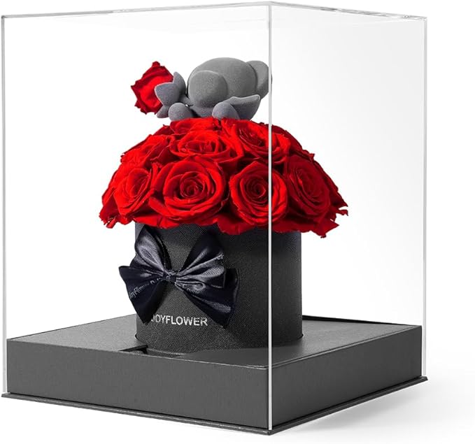 JoyFlower Preserved Real Rose in Acrylic Box, Forever Flowers Red Rose Bear Gift for Women Wife Girlfriend Mom Grandma, Eternal Rose Gifts for Birthday, Anniversary, Christmas, Valentines Mothers Day