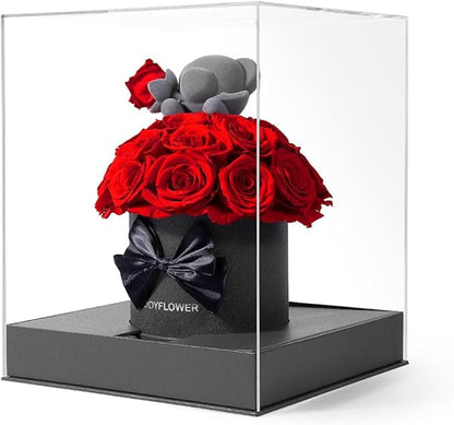 JoyFlower Preserved Real Rose in Acrylic Box, Forever Flowers Red Rose Bear Gift for Women Wife Girlfriend Mom Grandma, Eternal Rose Gifts for Birthday, Anniversary, Christmas, Valentines Mothers Day
