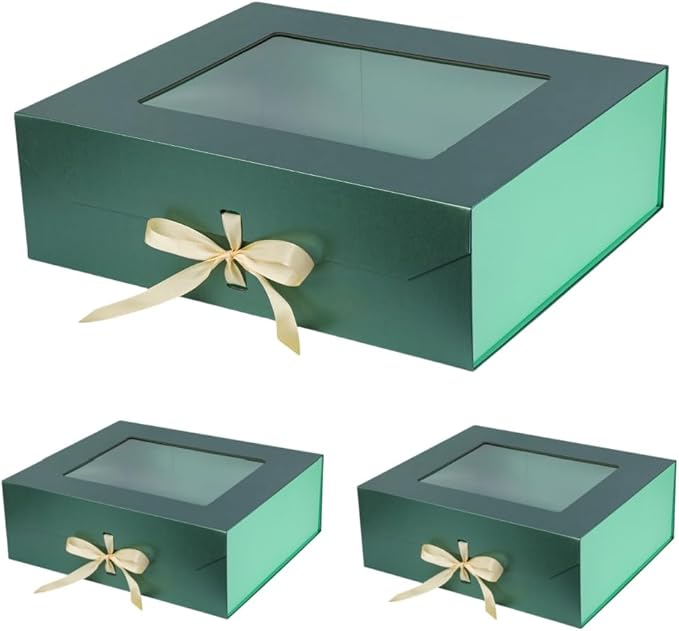 3 Pcs Extra Large Green Gift Box for Presents with Ribbon 19x16x6 Inches Clear Gift Box with Window Magnetic Closure Gift Boxes with Lids