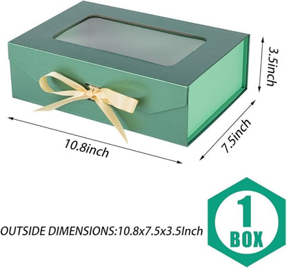 Green Gift Box for Presents with Ribbon 10.8x7.5x3.5 Inches Clear Gift Box with Window Magnetic Closure Gift Boxes with Lids