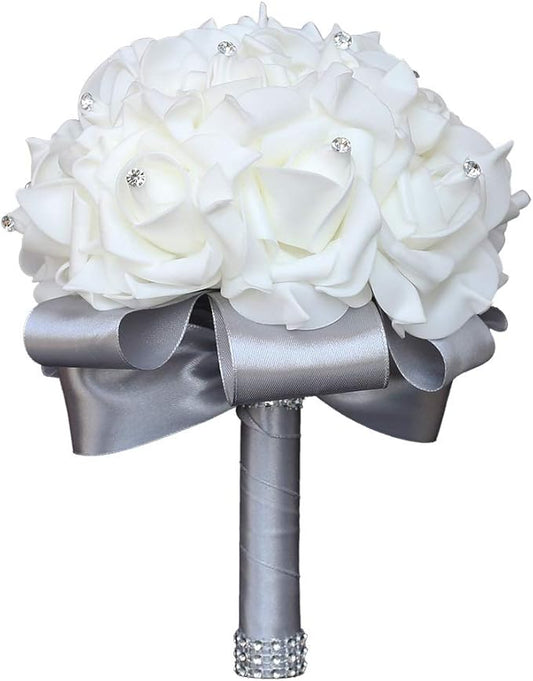 Wedding Bouquet, Silver Bouquet for Bride Bridesmaid with Diamond Soft Ribbons, Artificial Rose Bridal Holding Flowers for Party Church