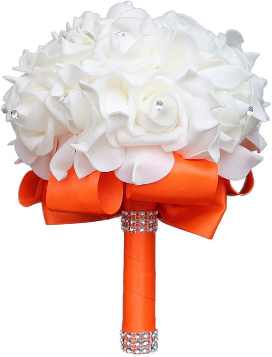 Wedding Bouquet, Orange Bouquet for Bride Bridesmaid with Diamond Soft Ribbons, Artificial Rose Bridal Holding Flowers for Party Church