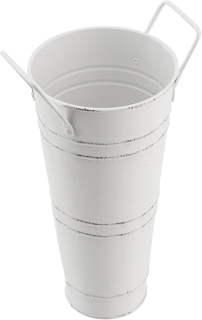 4 Pack 9 Inch Tall Galvanized French Flower Bucket, White Farmhouse Vintage Metal Vases with Handle for Floral Wedding Arrangements