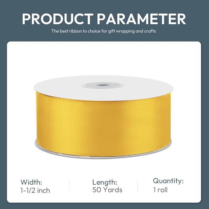 KMER LIFE 1-1/2" Wide x 50 Yards Yellow Satin Ribbon - Perfect for Wedding Decor, Wreath, Crafts, Gift Wrapping & Other Projects