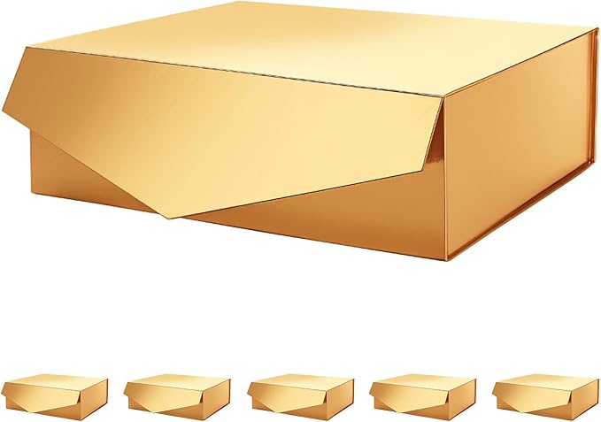 PACKHOME 6 Large Christmas Gift Boxes with Lids 13.5x9x4.1 Inches, Sturdy Collapsible Gift Boxes with Magnetic Closure for Xmas (Glossy Gold)