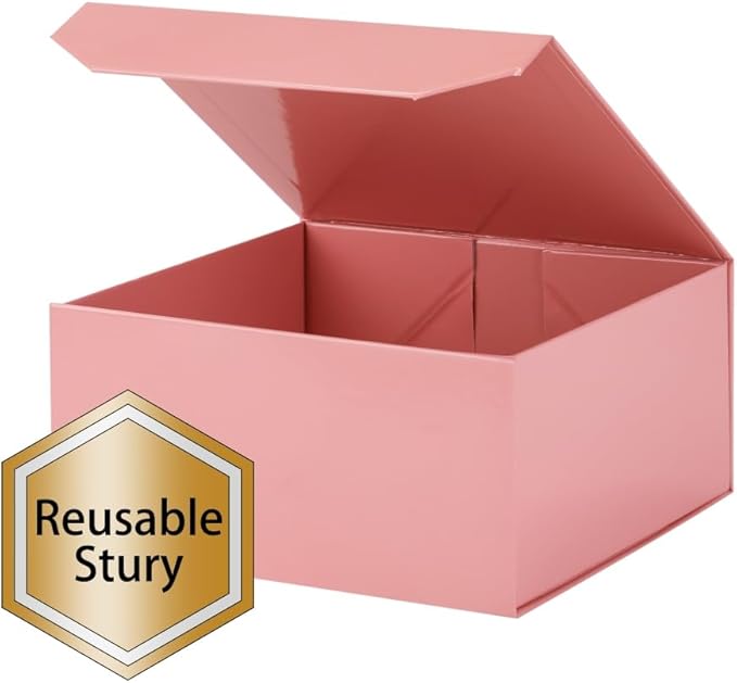 1 Pcs Pink Magnetic Gift Box 8x8x4 Inch with Crinkle & Shredded Paper, Luxury Lid Gift Box for Presents