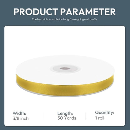 KMER LIFE 3/8" Wide x 50 Yards Golden Single Faced Polyester Satin Ribbon, Golden Satin Ribbon Perfect for Wedding Decor, Wreath, Crafts, Gift Wrapping & Other Projects (Golden)