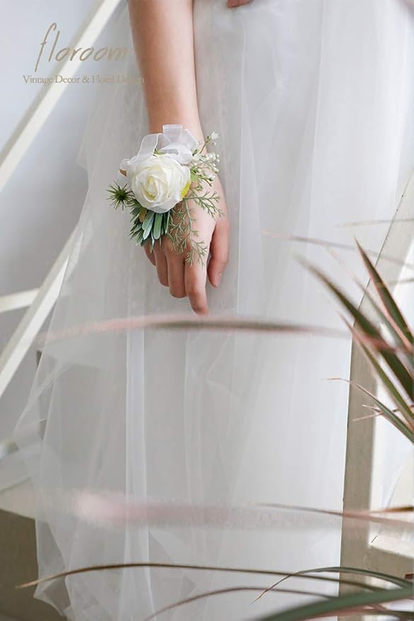 Floroom Ivory Rose Wrist Corsage Wristlet Band Bracelet for Women Bride Bridesmaid White Wedding Prom Set of 2
