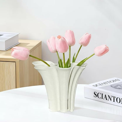White Ceramic Vase for Home Decor, Boho Artistic Irregular Shape Decorative Vase, Unique Modern Accent for Living Room Bedroom or Entryway