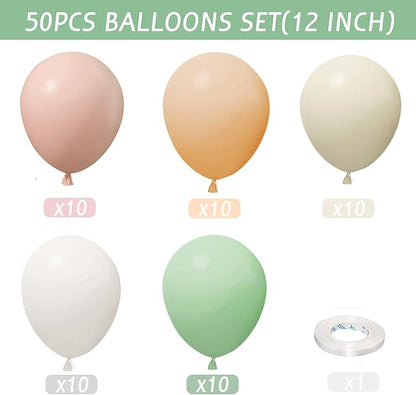 Sage Green Balloons,50Pcs 12 Inch Pastel Pink and Dusty Green Nude Sand White Boho Balloons with Ribbon for Girls Women Birthday Bridal Shower Wedding Tea Party Decorations