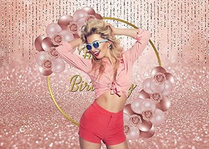 Pink Rose Gold Happy Birthday Backdrop Glitter Rose Gold Floral Balloon Bokeh Photography Background Girls Lady Sweet 16th 21th 30th Birthday Party Cake Table Photo Props 8x6FT