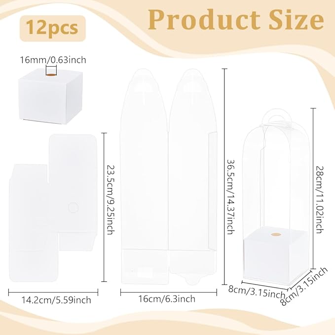 BENECREAT 12Pcs Single Rose Flower Box Empty Bag, Clear Flower Packing Boxes Flower Gift Boxes for Graduation Wedding Birthday Floral Gift Floral Arrangement Supply, White