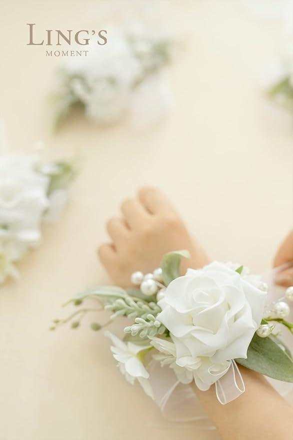 Ling's moment 6pcs Wedding Wrist Corsage Artificial Flowers, Girl/Mother Homecoming Prom Corsages Wristlet Décor, etc. Snow White