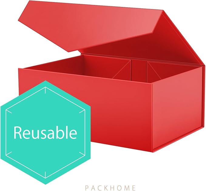 PACKHOME Christmas Gift Box 9x6.5x3.8 Inches, Rectangle Collapsible Box with Magnetic Lid for Xmas Gift Packaging (Matte Red, Grain Texture)