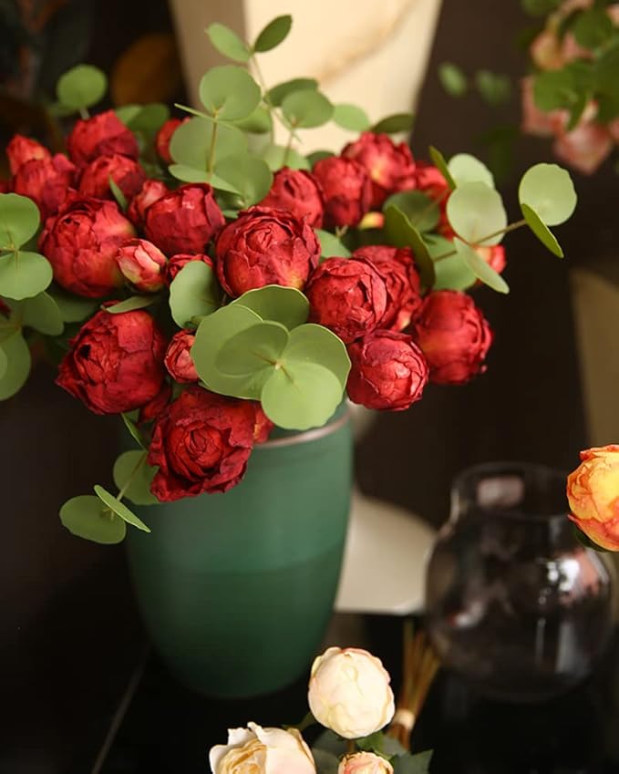 Peonies Artificial Flowers 2 Bouquets, Vintage Peonies 18pcs Silk Peonies with Stems Real Look Red Fake Peonies Flowers Artificial for Decoration for Wedding Bouquet (Red)