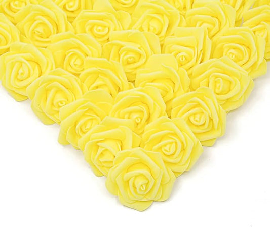IPOPU 100 Pcs Artificial Rose Flower Heads Real Looking Yellow Foam Fake Roses for DIY Wedding Baby Shower Centerpieces Arrangements Party Tables Home Decorations (Yellow 1, Stemless)