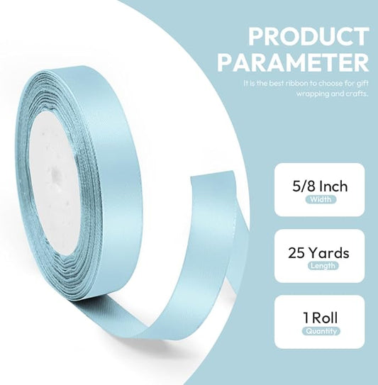 5/8" x 25 Yards Satin Ribbon, Light Blue Silk Ribbon Ideal for Gift Wrapping, Floral Bouquets, Crafts, Wedding Party Decorations, Christmas and Sewing Projects