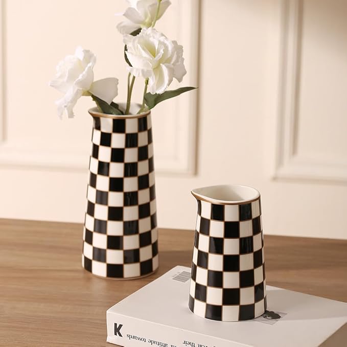Porlien Checker Porcelain Flower Vase Home Decor Set of 2 with 5.5' High and 8' High Flower Bottle
