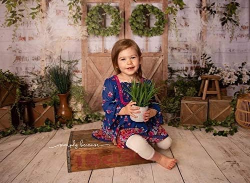 Kate Rustic White Painted Brick Wall Wood Door Photography Backdrops 10x6.5ft Spring Green Grass and Flowers Photo Backgrounds Baby Shower Backdrop Photoshoot Props