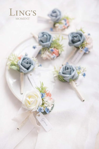 Ling's moment Boutonniere for Men, 6pcs Groom Groomsmen Boutonniere, Artificial Flowers for Wedding Decor/Prom/Homecoming, etc.Dusty Blue Cream