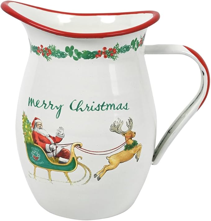 Festive Santa Claus Enamel Vintage Pitcher Vase for Flowers Christmas Decorations Xmas,7.9" L x 5.3" W x 7.5" H Rustic Pitcher Vase,Farmhouse Decor for Kitchen Table Centerpiece,Living Room,Bedroom