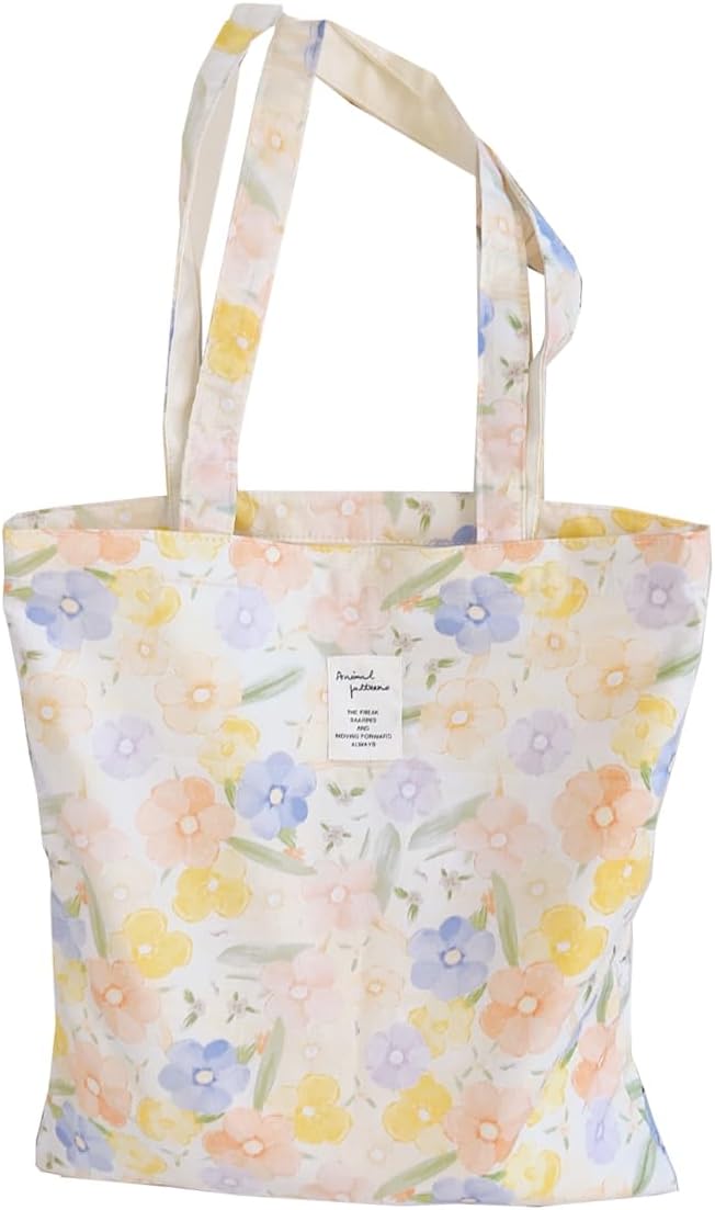 Cotton Canvas Tote Bag Reusable Soft Grocery Cloth Bag Floral Shoulder Bag for Beach Travel Shopping