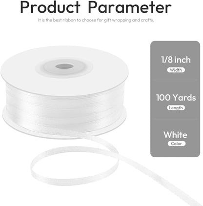 1/8" x 100 Yards Double Faced Satin Ribbon - Thin Silk White Ribbon with Spool - Ideal for Gift Wrapping, Floral Bouquets, Crafts, Wedding Party Decorations, Christmas and Sewing Projects