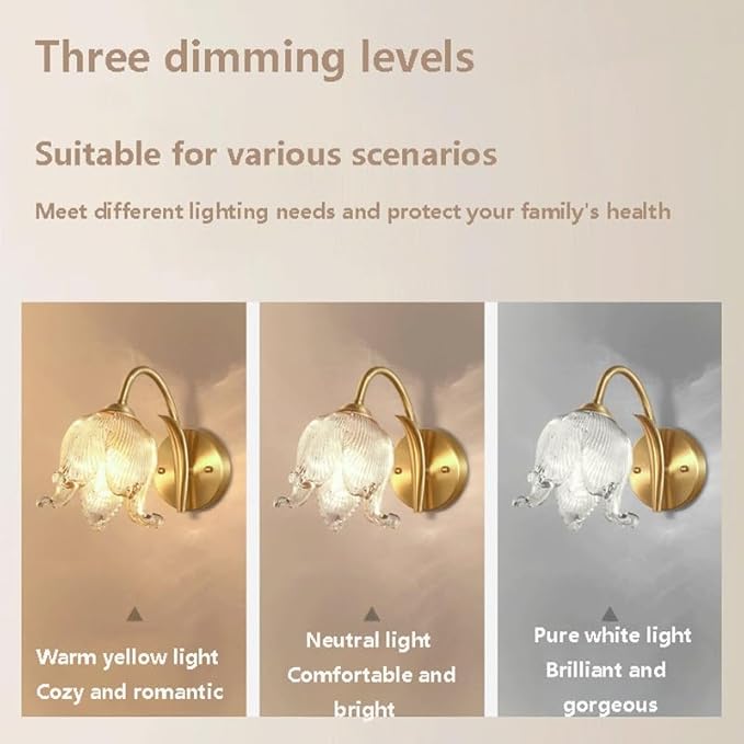 Luxury Floral Brass Wall Sconce Lighting, Modern Lily Flower Art Glass Shade Light Fixture, Brushed Gold Finish Copper Accent Lamp Wall Light for Bedroom, Living Room, Dining Room Decor