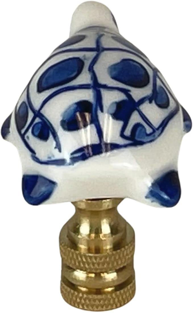 Royal Designs, Inc. Porcelain Turtle Finial for Lamp Shade, Polished Brass, Blue & White, Pack of 2